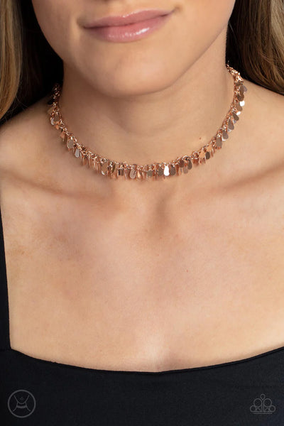 SURREAL SHIMMER - ROSE GOLD TEARDROP FRINGE CHOKER NECKLACE - PAPARAZZI