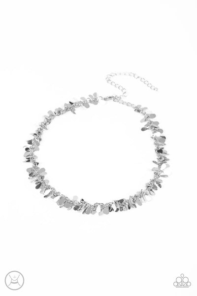 SURREAL SHIMMER - SILVER TEARDROP FRINGE CHOKER NECKLACE - PAPARAZZI