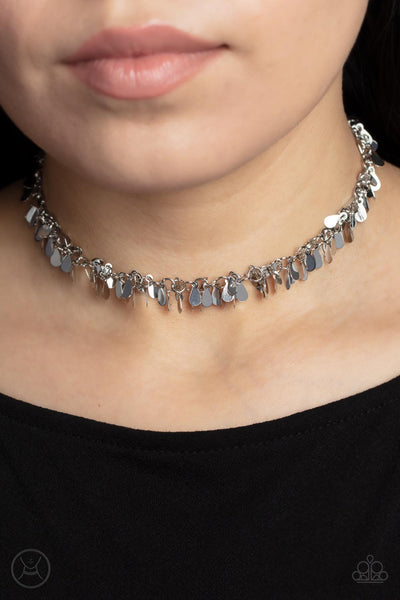 SURREAL SHIMMER - SILVER TEARDROP FRINGE CHOKER NECKLACE - PAPARAZZI