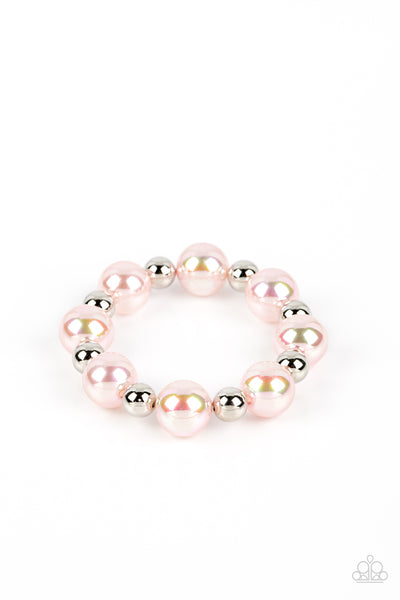 A DREAMSCAPE COME TRUE - PINK IRIDESCENT AND SILVER BEAD STRETCHY BRACELET - PAPARAZZI