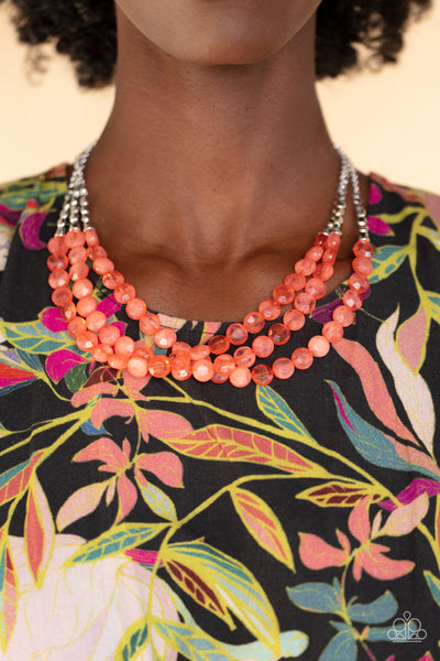 PACIFIC PICNIC - ORANGE CORAL BEAD SILVER LAYERED NECKLACE - PAPARAZZI