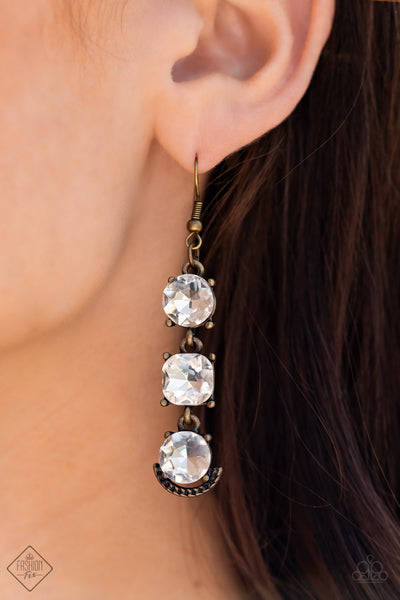 DETERMINED TO DAZZLE - BRASS WHITE RHINESTONE EARRINGS - PAPARAZZI FASHION FIX MAY 2022