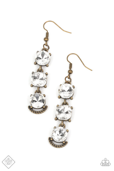 DETERMINED TO DAZZLE - BRASS WHITE RHINESTONE EARRINGS - PAPARAZZI FASHION FIX MAY 2022