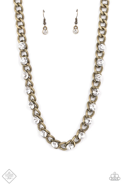 MAJOR MOXIE - BRASS AND WHITE RHINESTONE NECKLACE - PAPARAZZI FASHION FIX MAY 2022