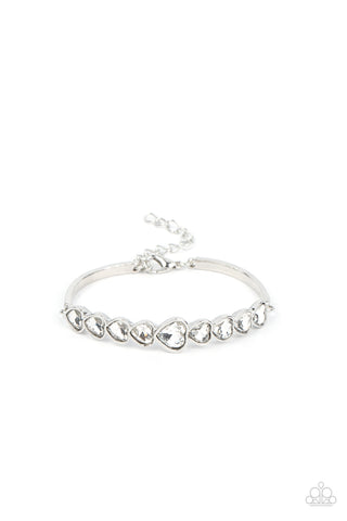 LUSTY LUSTER - WHITE RHINESTONE HEART SILVER BRACELET - PAPARAZZI