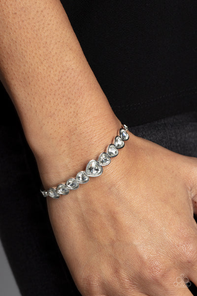 LUSTY LUSTER - WHITE RHINESTONE HEART SILVER BRACELET - PAPARAZZI