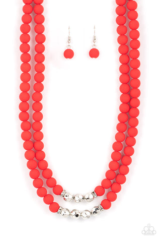 SUMMER SPLASH - RED AND SILVER BEAD LAYERED NECKLACE - PAPARAZZI Regular price