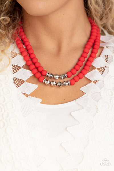 SUMMER SPLASH - RED AND SILVER BEAD LAYERED NECKLACE - PAPARAZZI Regular price