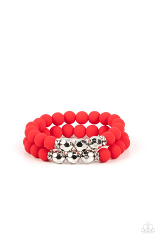 DIP AND DIVE - RED AND SILVER BEAD STRETCHY BRACELET - PAPARAZZI