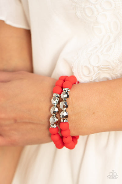 DIP AND DIVE - RED AND SILVER BEAD STRETCHY BRACELET - PAPARAZZI