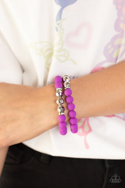 DIP AND DIVE - PURPLE AND SILVER BEAD STRETCHY BRACELET SET - PAPARAZZ