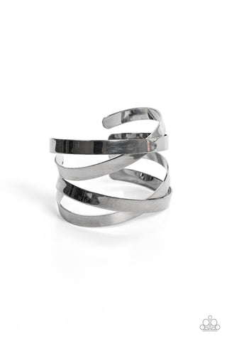 INDUSTRIAL IMAGINATION - BLACK GUNMETAL CRISS-CROSS BAR CUFF BRACELET - PAPARAZZI
