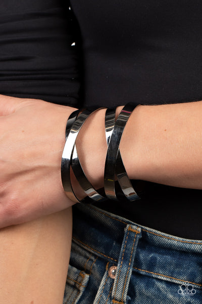 INDUSTRIAL IMAGINATION - BLACK GUNMETAL CRISS-CROSS BAR CUFF BRACELET - PAPARAZZI