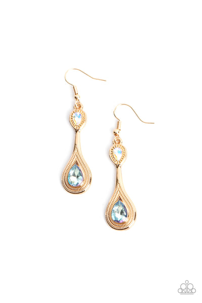 DAZZLING DROPLETS - MULTI IRIDESCENT RHINESTONE GOLD EARRINGS - PAPARAZZI