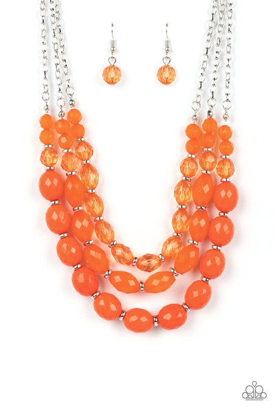 TROPICAL HIDEAWAY - ORANGE BEAD SILVER LAYERED NECKLACE - PAPARAZZI