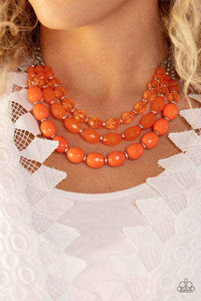 TROPICAL HIDEAWAY - ORANGE BEAD SILVER LAYERED NECKLACE - PAPARAZZI
