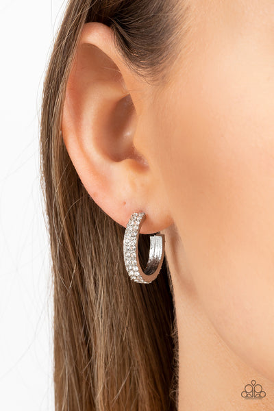 POSITIVELY PETITE - WHITE RHINESTONE SILVER TINY HOOP EARRINGS - PAPARAZZ