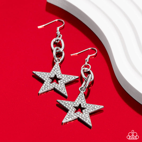 COSMIC CELEBRITY - WHITE RHINESTONE SILVER STAR EARRINGS - PAPARAZZI