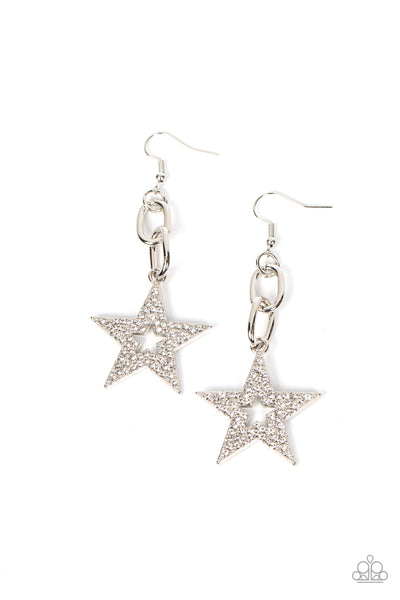 COSMIC CELEBRITY - WHITE RHINESTONE SILVER STAR EARRINGS - PAPARAZZI