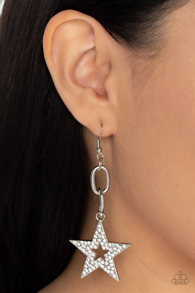 COSMIC CELEBRITY - WHITE RHINESTONE SILVER STAR EARRINGS - PAPARAZZI