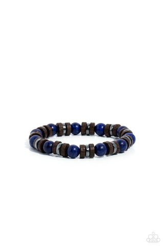 EARTHY EMPATH - BLUE STONE BROWN WOODEN AND GUNMETAL BEAD URBAN STRETCHY BRACELET - PAPARAZZI
