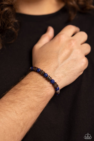 EARTHY EMPATH - BLUE STONE BROWN WOODEN AND GUNMETAL BEAD URBAN STRETCHY BRACELET - PAPARAZZI