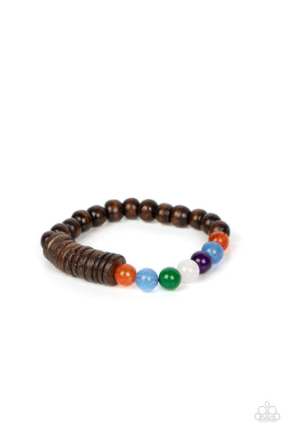 TROPICAL KALEIDOSCOPE - BROWN WOODEN AND COLORFUL BEAD STRETCHY BRACELET - PAPARAZZI