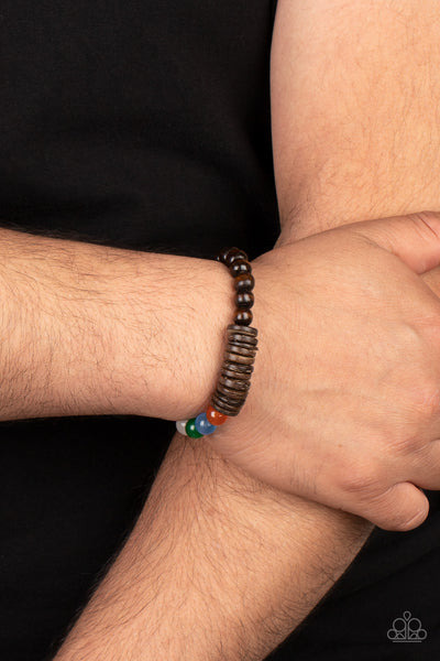 TROPICAL KALEIDOSCOPE - BROWN WOODEN AND COLORFUL BEAD STRETCHY BRACELET - PAPARAZZI