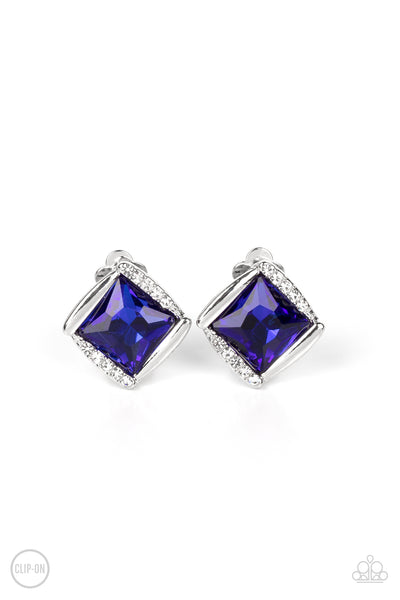 SPARKLE SQUARED - BLUE GEM SILVER CLIP-ON EARRINGS - PAPARAZZI