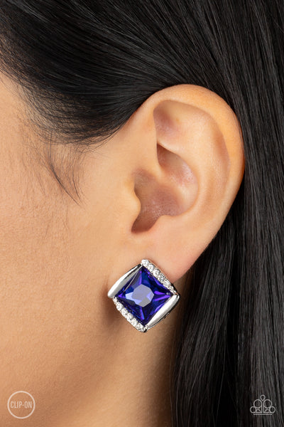 SPARKLE SQUARED - BLUE GEM SILVER CLIP-ON EARRINGS - PAPARAZZI
