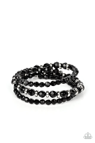 ITS A VIBE - BLACK BEAD SILVER ACCENT COIL BRACELET - PAPARAZZI