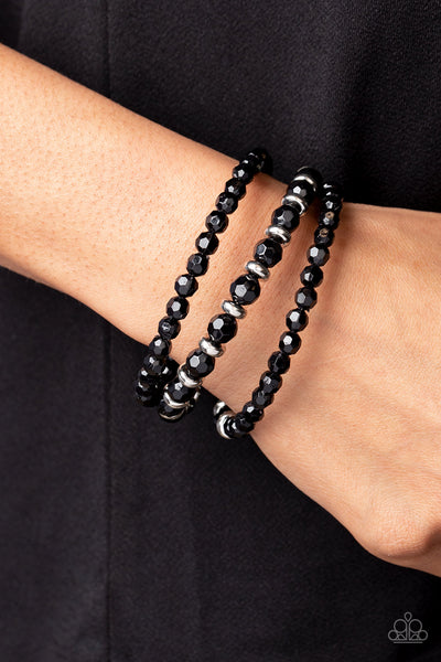 ITS A VIBE - BLACK BEAD SILVER ACCENT COIL BRACELET - PAPARAZZI