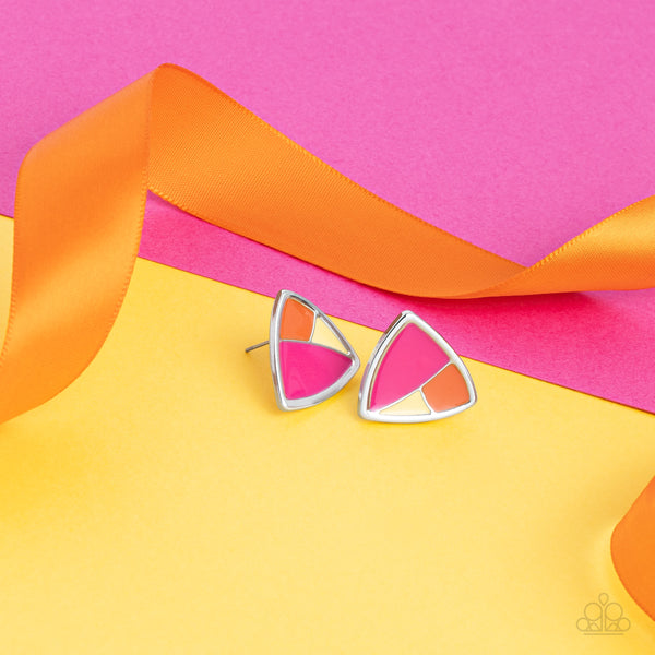 KALEIDOSCOPIC COLLISION - MULTI PINK ORANGE YELLOW TRIANGLE SILVER POST EARRINGS - PAPARAZZI