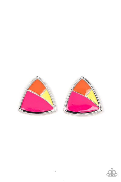 KALEIDOSCOPIC COLLISION - MULTI PINK ORANGE YELLOW TRIANGLE SILVER POST EARRINGS - PAPARAZZI