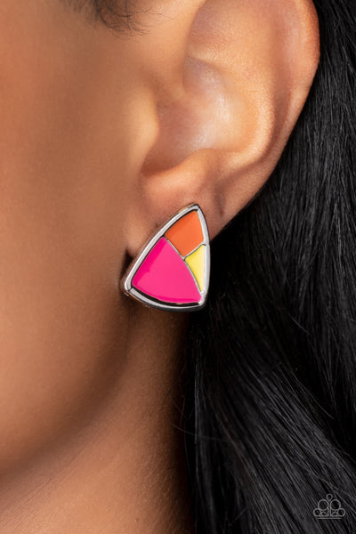 KALEIDOSCOPIC COLLISION - MULTI PINK ORANGE YELLOW TRIANGLE SILVER POST EARRINGS - PAPARAZZI