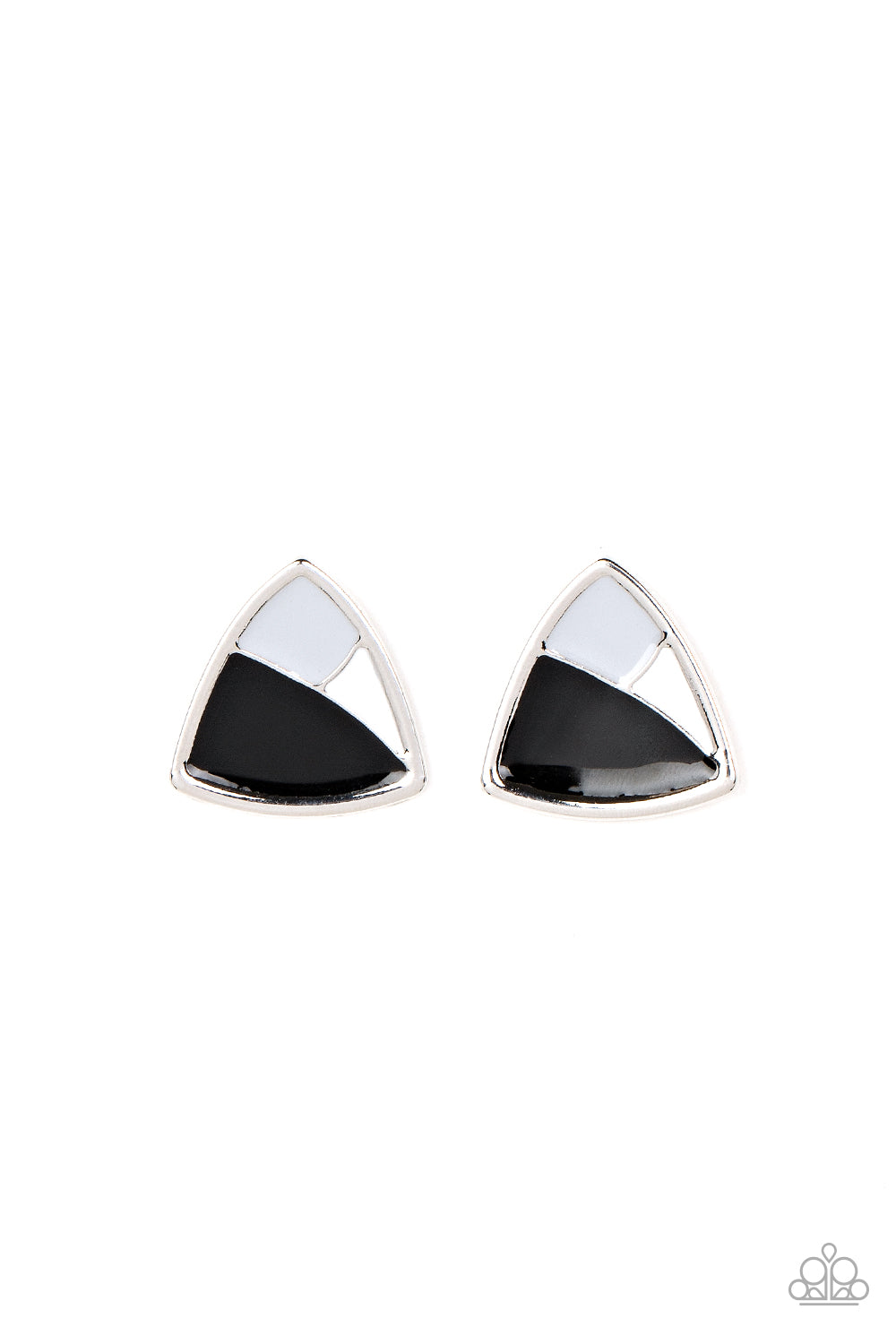 KALEIDOSCOPIC COLLISION - BLACK GRAY AND WHITE SILVER TRIANGLE POST EARRINGS - PAPARAZZI Regular price