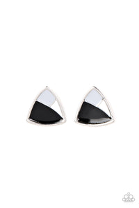 KALEIDOSCOPIC COLLISION - BLACK GRAY AND WHITE SILVER TRIANGLE POST EARRINGS - PAPARAZZI Regular price