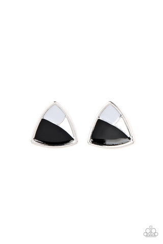 KALEIDOSCOPIC COLLISION - BLACK GRAY AND WHITE SILVER TRIANGLE POST EARRINGS - PAPARAZZI Regular price