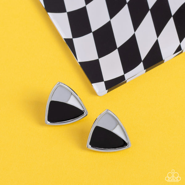 KALEIDOSCOPIC COLLISION - BLACK GRAY AND WHITE SILVER TRIANGLE POST EARRINGS - PAPARAZZI Regular price