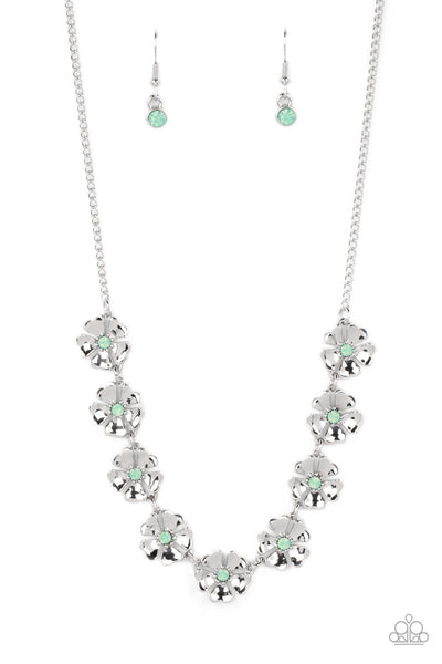 PETUNIA PALACE - GREEN OPAQUE RHINESTONE SILVER FLOWER NECKLACE - PAPARAZZI