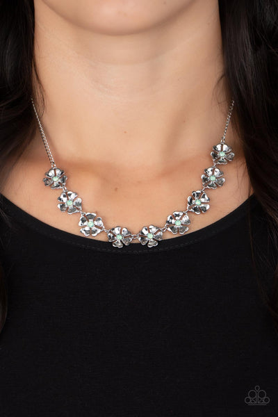 PETUNIA PALACE - GREEN OPAQUE RHINESTONE SILVER FLOWER NECKLACE - PAPARAZZI