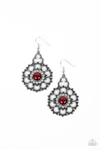 FLORAL RENAISSANCE - RED RHINESTONE SILVER FLOWER EARRINGS - PAPARAZZI