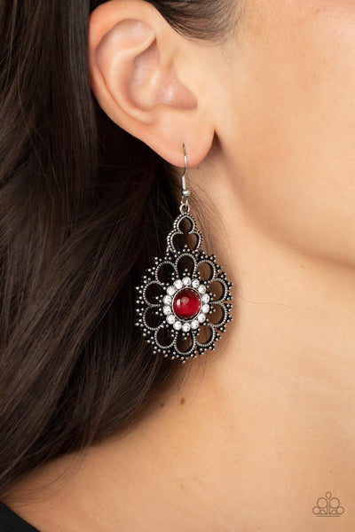 FLORAL RENAISSANCE - RED RHINESTONE SILVER FLOWER EARRINGS - PAPARAZZI