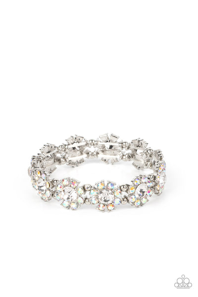 PREMIUM PERENIAL - MULTI IRIDESCENT RHINESTONE WHITE GEM SILVER STRETCHY BRACELET - PAPARAZZI - LIFE OF THE PARTY JULY 2022 EXCLUSIVE