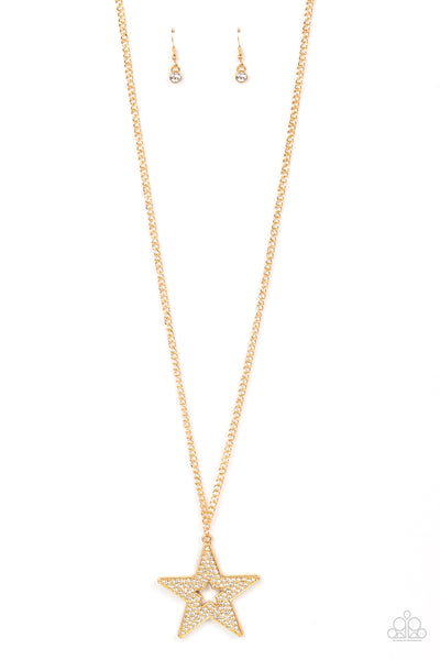 SUPERSTAR STYLIST - GOLD STAR WHITE RHINESTONE PENDANT NECKLACE - PAPARAZZI