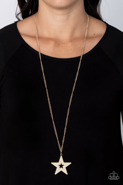 SUPERSTAR STYLIST - GOLD STAR WHITE RHINESTONE PENDANT NECKLACE - PAPARAZZI