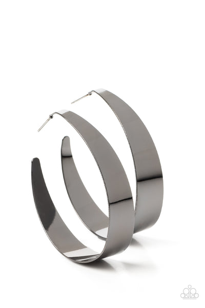 FLAT OUT FASHIONABLE - BLACK GUNMETAL FLAT HOOP EARRINGS - PAPARAZZI