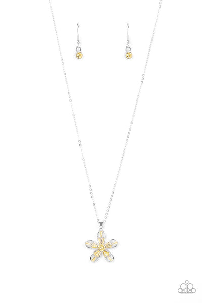 BOTANICAL BALLAD - YELLOW RHINESTONE SILVER FLOWER NECKLACE - PAPARAZZI
