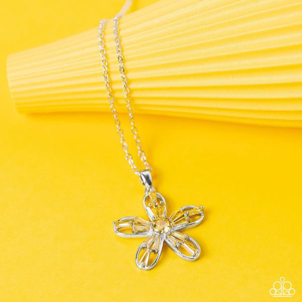 BOTANICAL BALLAD - YELLOW RHINESTONE SILVER FLOWER NECKLACE - PAPARAZZI