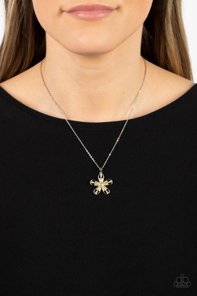 BOTANICAL BALLAD - YELLOW RHINESTONE SILVER FLOWER NECKLACE - PAPARAZZI